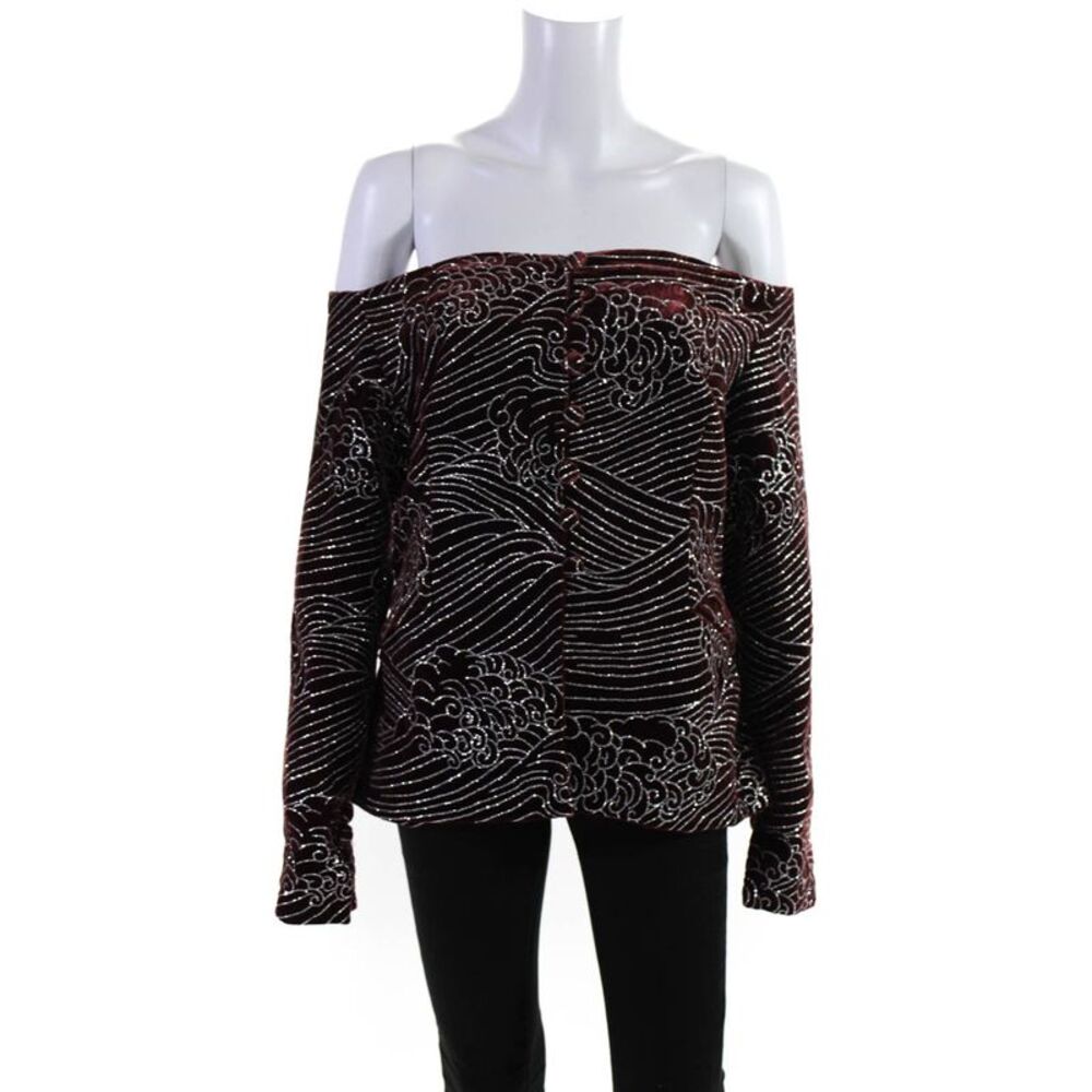 Sandra Mansour Womens Off Shoulder Glittered Velvet Jacket  Burgundy  Size 38